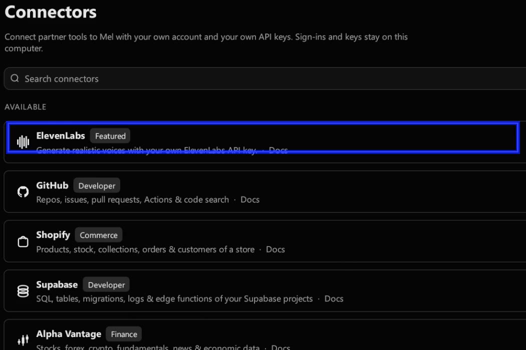 Settings ▸ Connectors: the search box and the list of available connectors