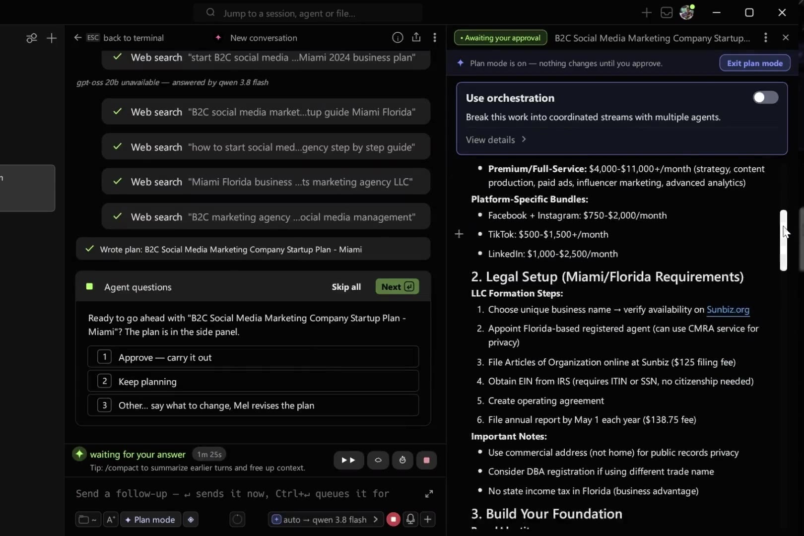 Plan mode: the agent's research, the plan in the side panel, and the Approve or Keep planning question