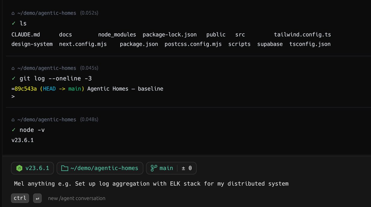 A terminal pane with the directory chip, the git branch chip and command blocks