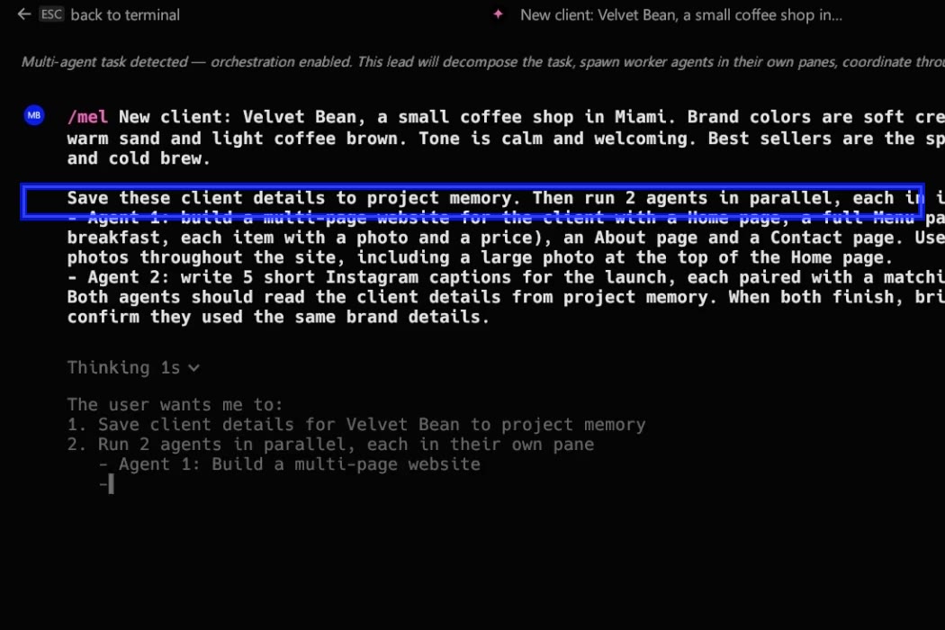 A detailed task typed into a new conversation: the client's details, then what each agent should do