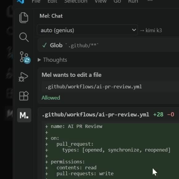 The Mel view in VS Code beside the editor, with a conversation in progress